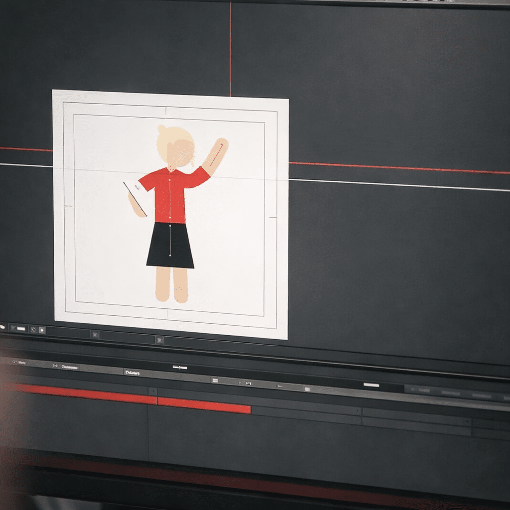 Computerscherm met animatiesoftware waarin een gestileerd vrouwelijk karakter wordt bewerkt; zichtbaar zijn een tijdlijn, richtlijnen en een canvas met het karakter in een pose met opgeheven arm.
