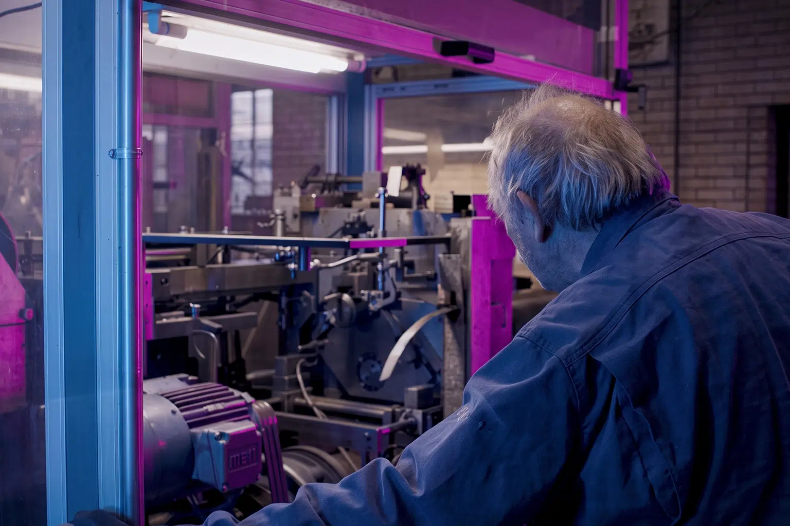 Een medewerker inspecteert een industriële machine in een fabriekshal, omgeven door blauw en paars licht; de machine is deels afgesloten met glas en bevat motoren, metalen onderdelen en een transparante behuizing.