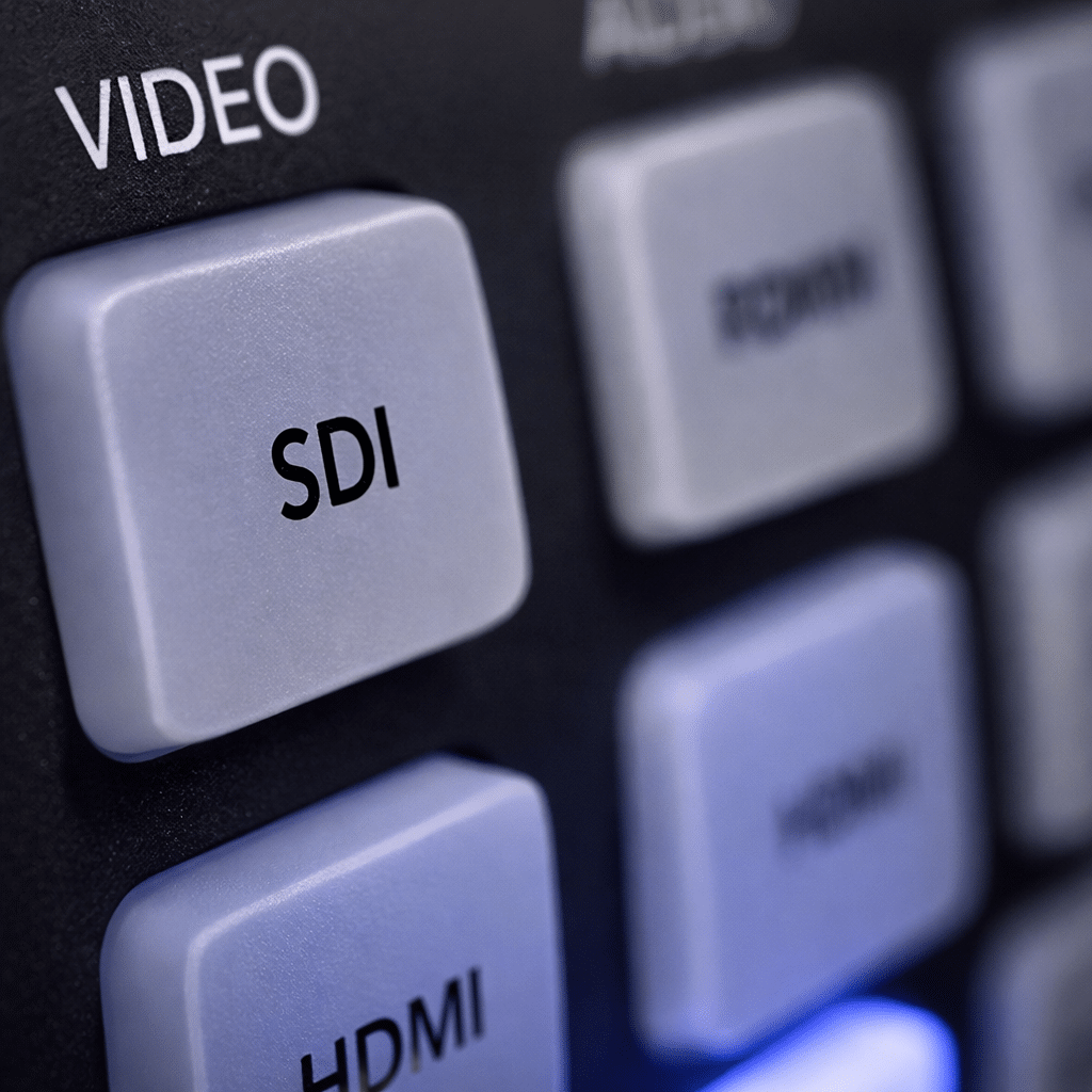 Close-up van een videomixer met duidelijk zichtbare SDI-knop, gebruikt voor professionele livestream laten maken.