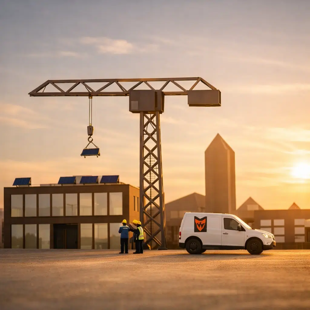 3D animatie van een bouwplaats met zonnepanelen, hijskraan en busje bij zonsondergang.