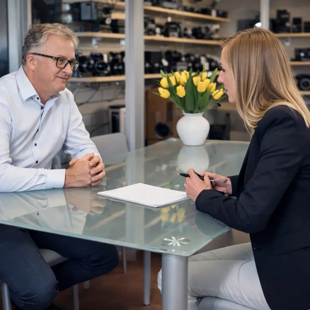 Twee professionals in gesprek aan een glazen tafel tijdens de opname van een bedrijfsfilm.