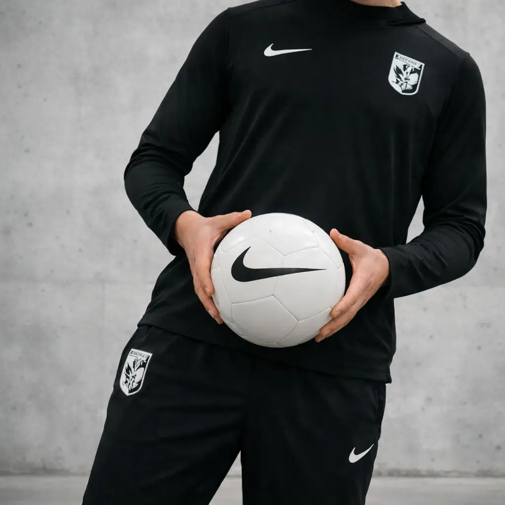 Sporter in zwarte sportkleding met een voetbal, screenshot uit een Nike commercial.